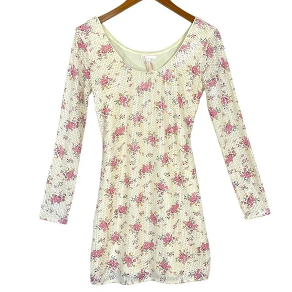 NWT GB Floral Long Sleeve Sequin Mini Dress Scoopneck Size Small - Picture 2 of 5